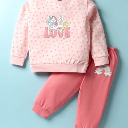 CUCUMBER Sinker Knit Full Sleeves T-Shirt & Lounge Pant Set with Unicorn Print - Pink-picture-4