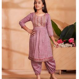 Aarika Cotton Blend Woven Three Fourth Sleeves Floral Embroidered Gota Lace Embellished Kurta Patiala Set - Wine-image-67