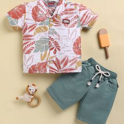 KIDZELLO Knit Half Sleeves Leaves Printed Shirt & Shorts Set - Rust Orange-image-32