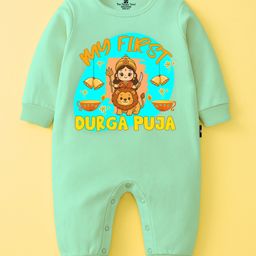 The Peppy Tend 100% Cotton Knit Durga Puja Theme Full Sleeves My First Durga Puja Text Printed Romper - Sea Green-picture-3