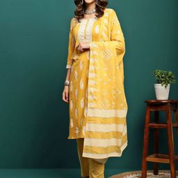 Sangria Yellow Paisley Embroidered Round Neck Straight Kurta With Trouser And Dupatta-picture-40