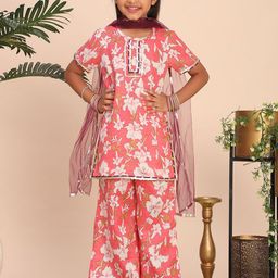 Cutiekins Girls Floral Printed Round Neck Gotta Patti Kurta With Palazzos & Dupatta-picture-48