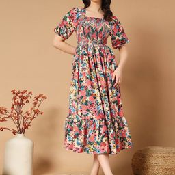 Femvy Women Floral Printed Square Neck Puff Sleeves Smocked Fit & Flared Midi Dress-image-37