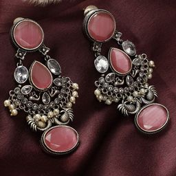 VIVAZS Silver-Plated Oxidised Kundan Stone Studded & Beaded Drop Earrings-0