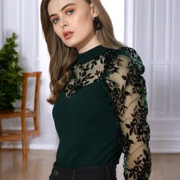 ZEUGEN Women Lace Inserts High Neck Top-image-69