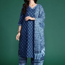 PARTHVI Floral Printed V-Neck Pure Cotton Kurta With Trousers And Dupatta-54