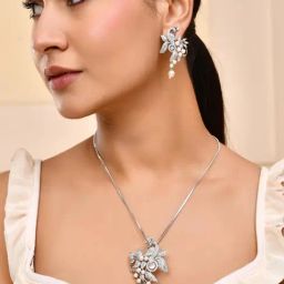 VOJ Silver Plated AD And Pear Studded Peacock Shaped Necklace & Earring Set image 3