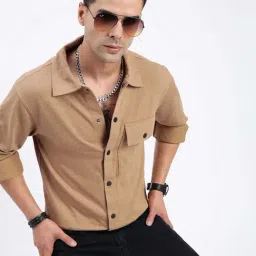 SHOWOFF Brown Cotton Slim fit Solid Shirt-image-73