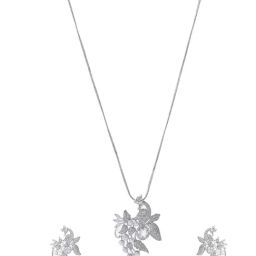 VOJ Silver Plated AD And Pear Studded Peacock Shaped Necklace & Earring Set image 4