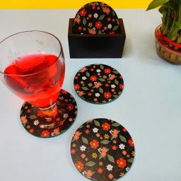 Crayton Black Wooden Floral Printed Round Coasters with Holder - Set of 6-85