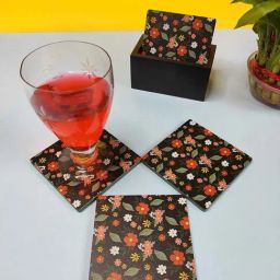 Crayton Black Wooden Floral Printed Square Coasters with Holder - Set of 6-86
