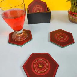 Crayton Maroon Wooden Warli Printed Hexagon Coasters with Holder - Set of 6-image-98