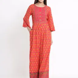 Juniper Coral Ethnic Motif Printed Rayon Flared Jumpsuit-image-99