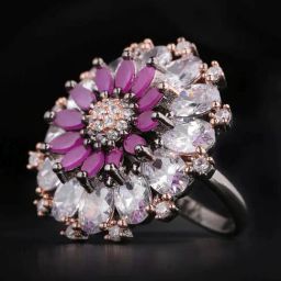 Priyaasi Purple Gunmetal-Plated American Diamond Studded Floral Pattern Finger Ring-image-13