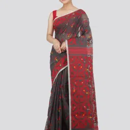 Pinkloom Grey & Red Cotton Woven Saree-picture-13