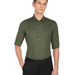 Arrow New York Dark Olive Cotton Slim Fit Checks Shirt-image-51