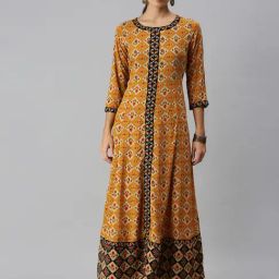 SHOWOFF Yellow Cotton Ethnic Motifs Calf Length Straight Kurta-image-1