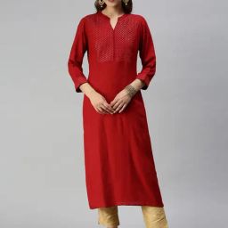 SHOWOFF Red Embroidered Calf Length Straight Kurta-picture-29