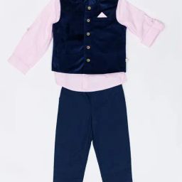H by Hamleys Boys Pink & Navy Solid Full Sleeves Shirt, Waistcoat With Trousers-image-33