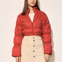 ONLY Women Solid Mock Collar Crop Nylon Puffer Jacket-image-48