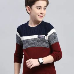 Monte Carlo Boys Navy & Maroon Acrylic Striped Sweater-image-81