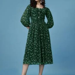 Fashion2wear Green Floral 3/4th sleeves Midi Dress-image-68