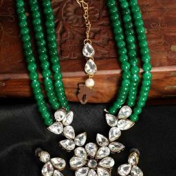 Anikas Creation Traditional Gold Plated Green Beads & Stone Floral Jewellery Set-10