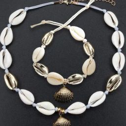 Oomph White & Gold Sea Shell Bohemian Beachwear Fashion Necklace & Anklet Set-7