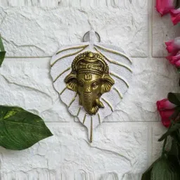 eCraftIndia White & Gold Metal Lord Ganesha Face On Leaf Wall Hanging Showpiece-image-54
