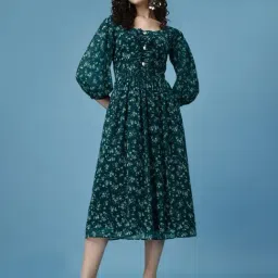 Fashion2wear Teal Floral 3/4th sleeves Midi Dress-image-64