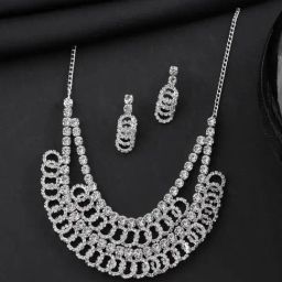 VOJ Silver Plated Stone Studded Circular Necklace & Earring Set-36