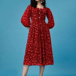 Fashion2wear Red Floral 3/4th sleeves Midi Dress-image-58