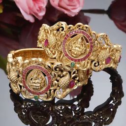 Karatcart Antique Gold-Plated Mata Laxmi Design Rajwadi Temple Bangles for Women - Set of 2-1