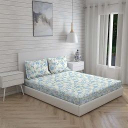 Boutique Living Signature Sateen Blue Cotton 300 TC King Flat Bed Sheet With 2 Pillow Covers-image-43