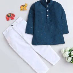 Fourfolds Boys Turquoise Cotton Embroidery Full Sleeves Kurta Set-picture-36