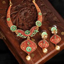 Anikas Creation Traditional Gold Plated Mint & Red Enamelled Stone Studded Jewellery Set-image-79