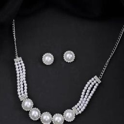 VOJ Silver Plated Pearl And CZ Stone Necklace & Earring Set-40
