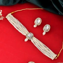 VOJ White Kundan Studded Necklace, Earring & Maangtikka Set-14