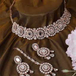 Anikas Creation Rose Gold Plated Mirror Work Oval Shaped Choker Jewellery Set-4