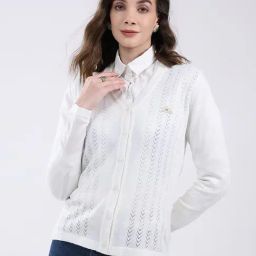Monte Carlo White Blend Wool Woven Design Cardigan-image-99