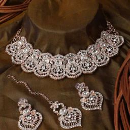Anikas Creation Rose Gold Plated American Diamond Floral Jewellery Set-image-0
