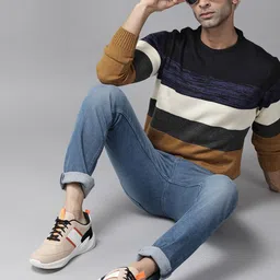 Roadster Men Navy Blue & Mustard Yellow Striped Pullover-picture-0