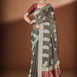 Satrani Grey Cotton Woven Saree With Unstitched Blouse-image-33