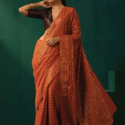 true Browns Rust Cotton Striped Pre-Stitched Saree Without Blouse-picture-14
