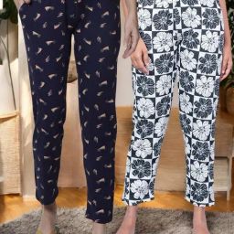 Kryptic Off White & Navy Cotton Relaxed Fit Printed Lounge Pants - Pack of 2-image-98