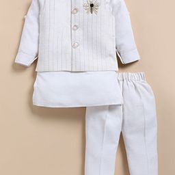 LITTLE COLLARS Boys Mandarin Collar Pure Cotton Straight Kurta With Trouser And Jacket-image-54
