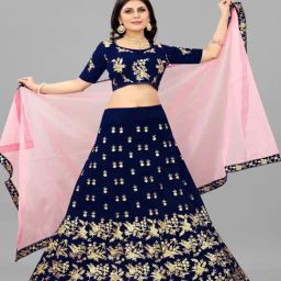APNISHA Blue Embroidered Semi Stitched Lehenga Choli Set With Dupatta-image-7