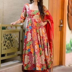 Happy Design Floral Printed Square Neck Pure Cotton Anarkali Kurta With Palazzos & Dupatta-18