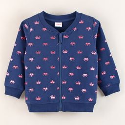 Babyhug Cotton Full Sleeves Front Open Sweatshirt With Foil Crown Print- Blue-image-71