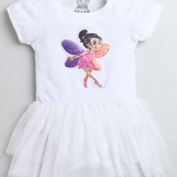 Polka Tots Half Sleeves Sequin Embellished Dancing Angel Girl Patch Detail Flared Tulle Romper Onesie - White-image-22